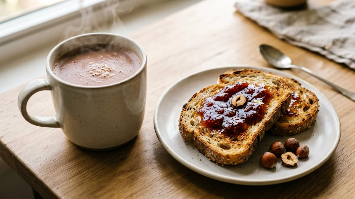 Bevanda d'avena calda al cacao con pane e confettura