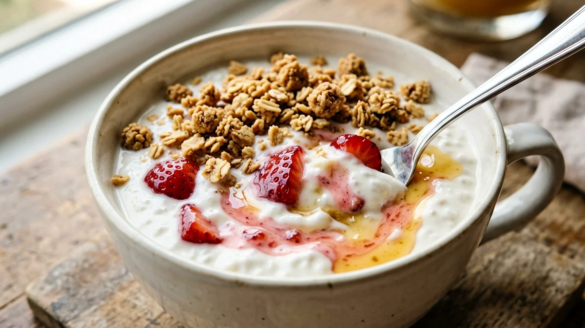Tazza di kefir con fragole schiacciate e granola