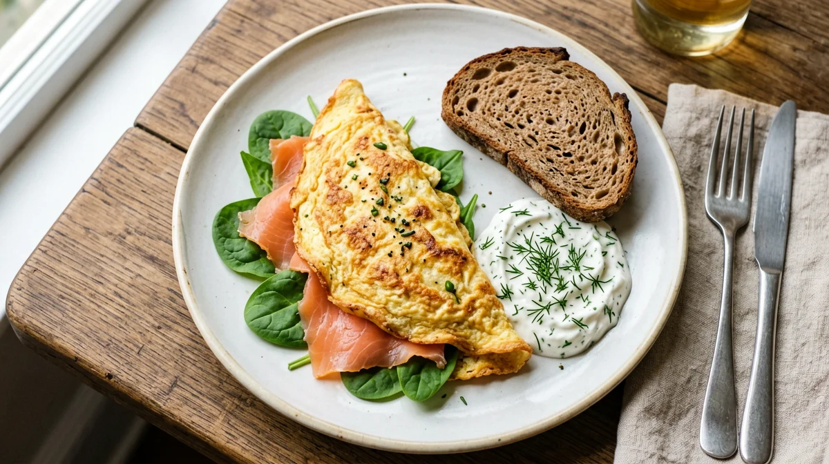 Omelette con salmone, spinacini e yogurt all'aneto