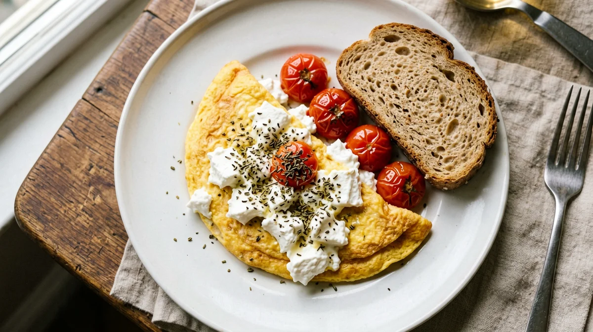 Omelette con fiocchi di latte e pomodorini confit