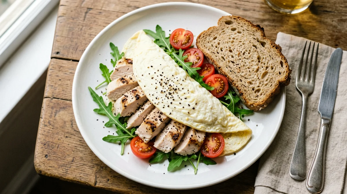 Omelette di albumi con pollo, rucola e pomodorini
