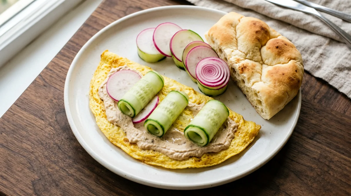 Omelette con hummus e verdure croccanti