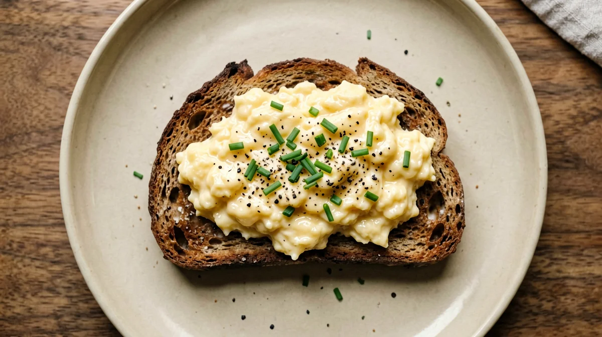 Creamy chive scrambled eggs on rye