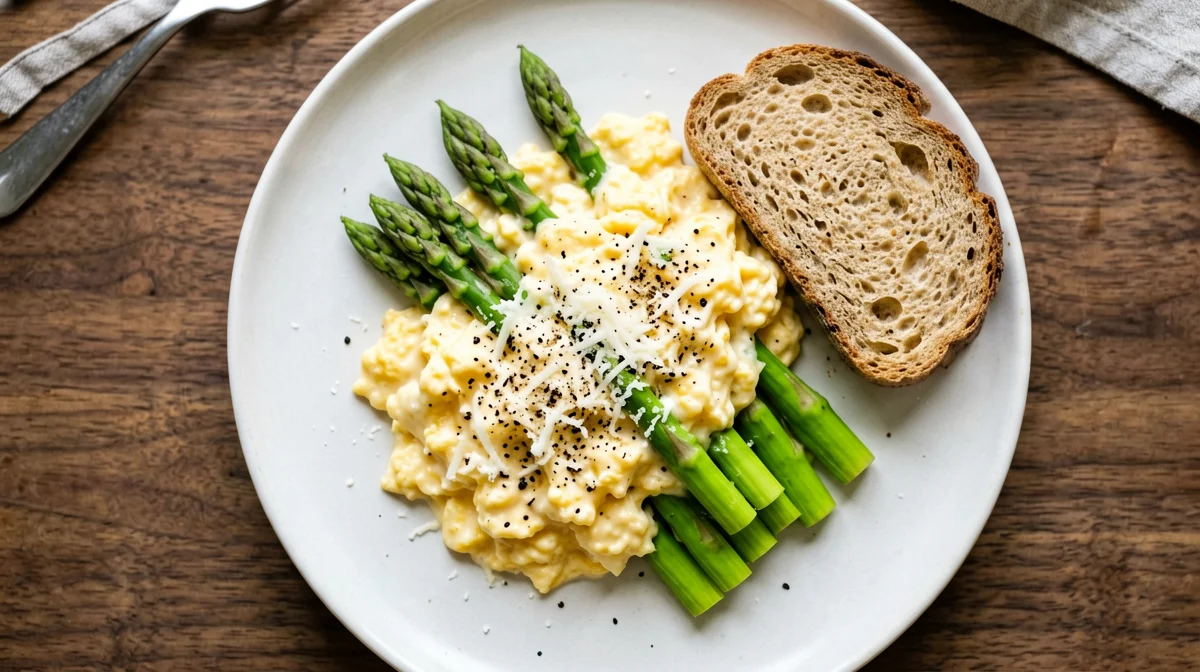 Uova strapazzate con asparagi e parmigiano