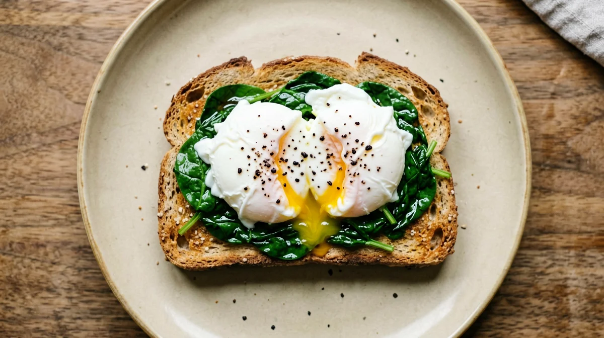 Poached eggs on wholegrain toast with spinach