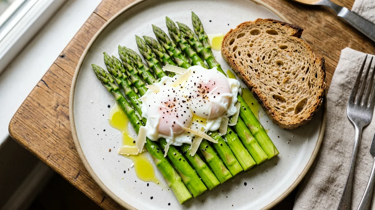 Poached eggs with asparagus and grana