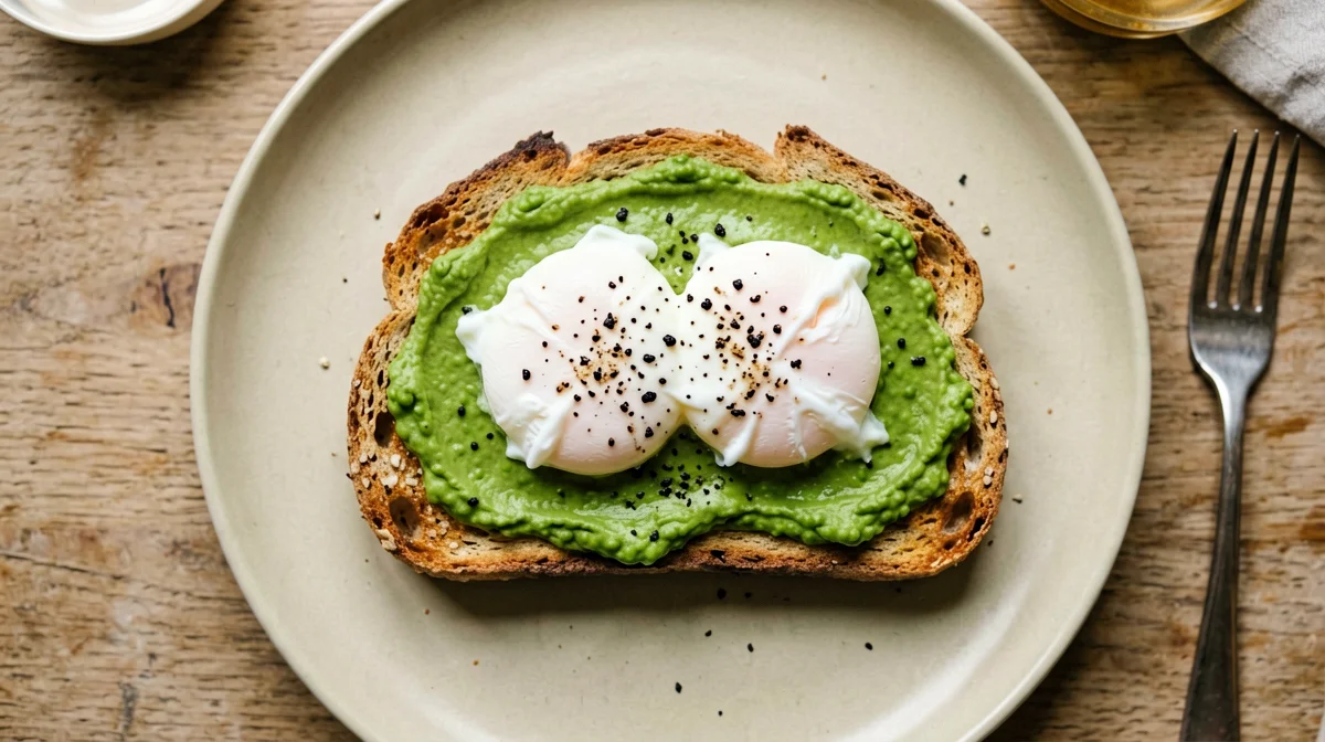 Poached eggs on pea and mint purée
