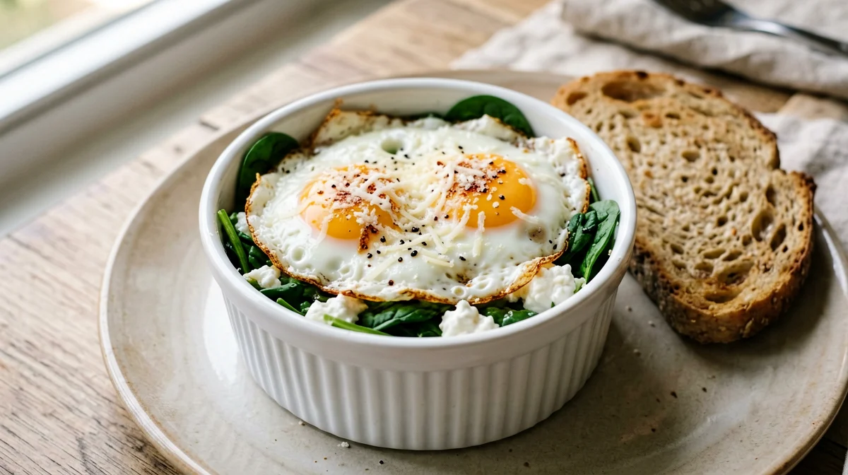 Baked eggs en cocotte with spinach and ricotta