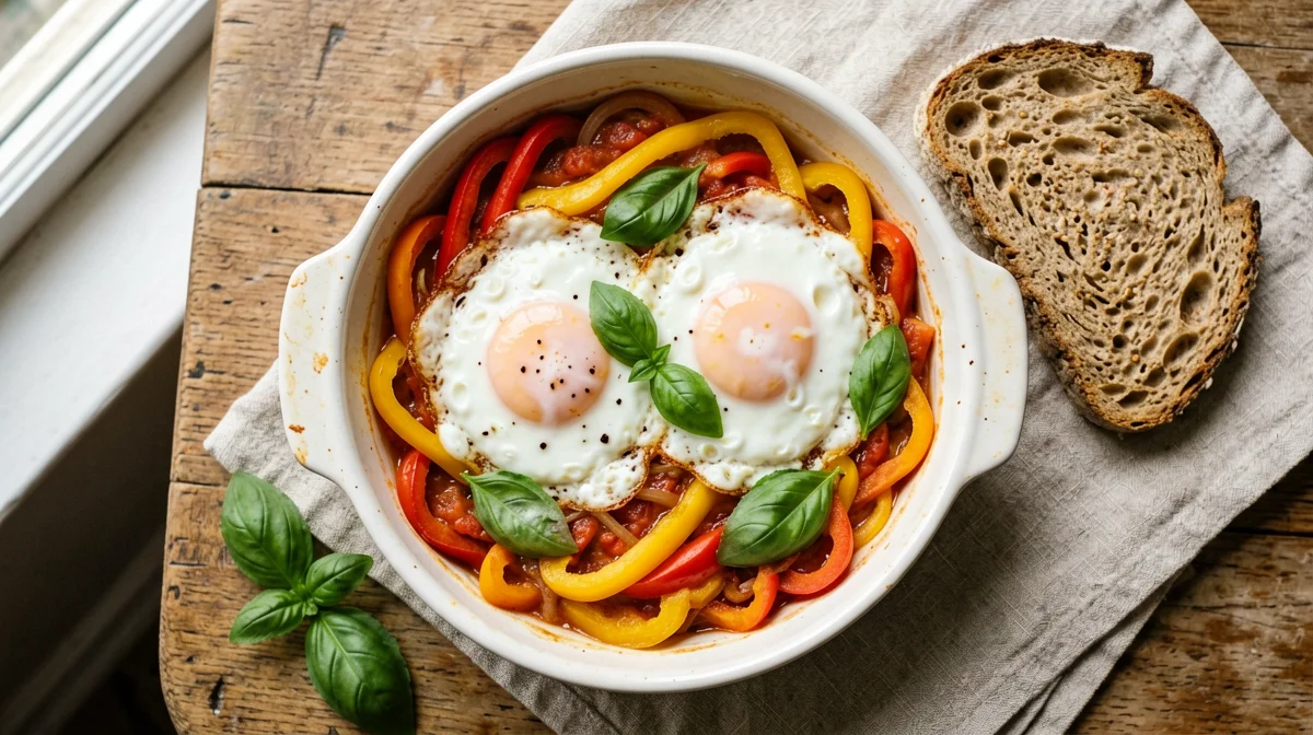Baked eggs on light pepper stew