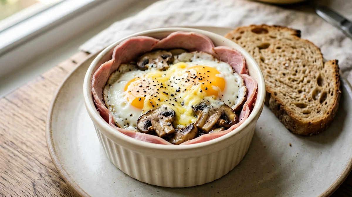 Baked eggs with ham and mushrooms