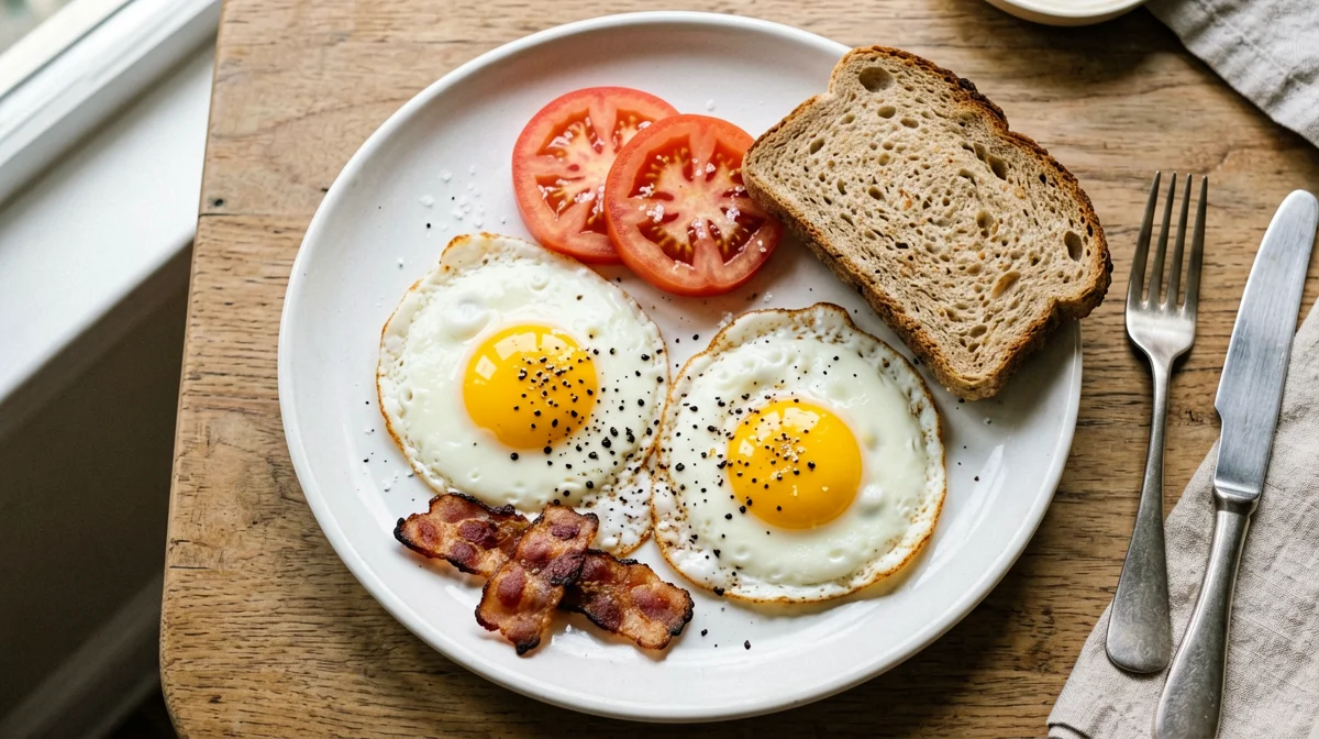 Fried eggs with crispy pancetta and bread
