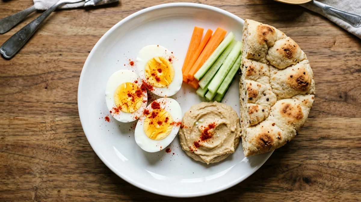 Uova sode con hummus e verdure crude
