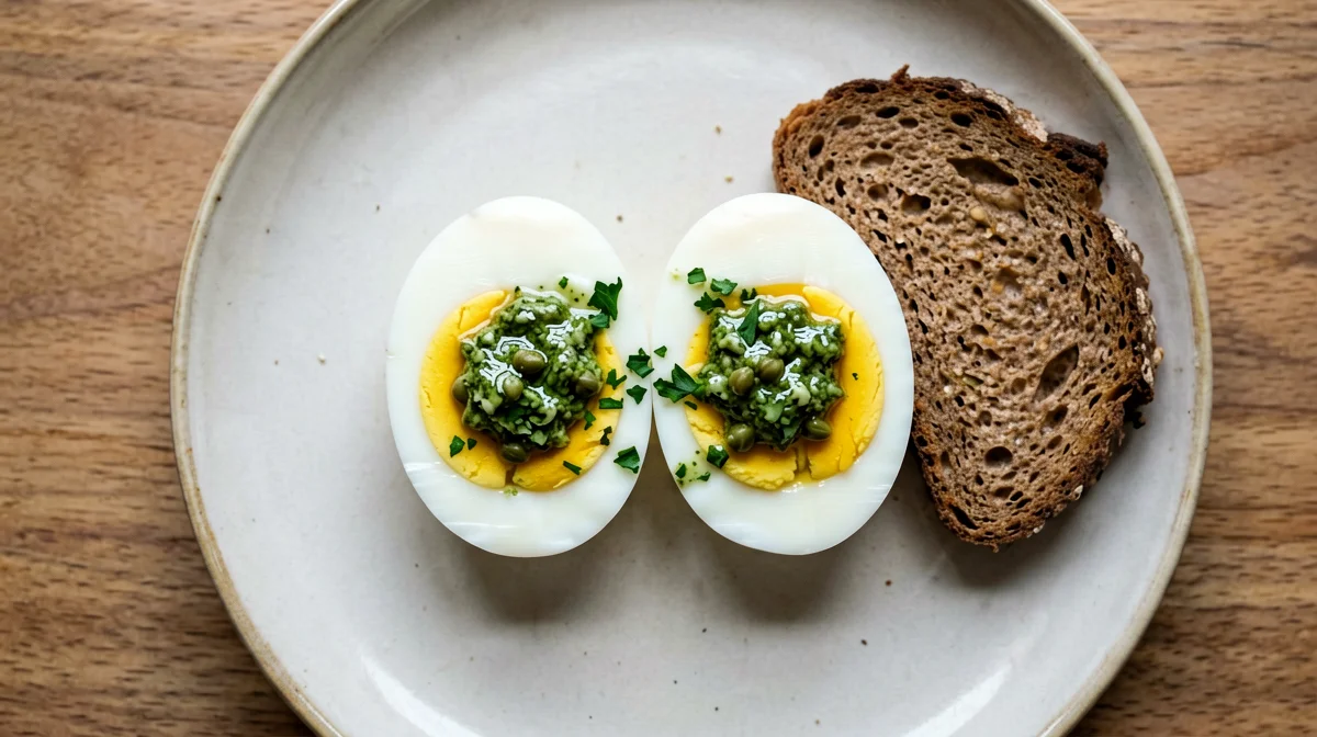 Boiled eggs with salsa verde on rye