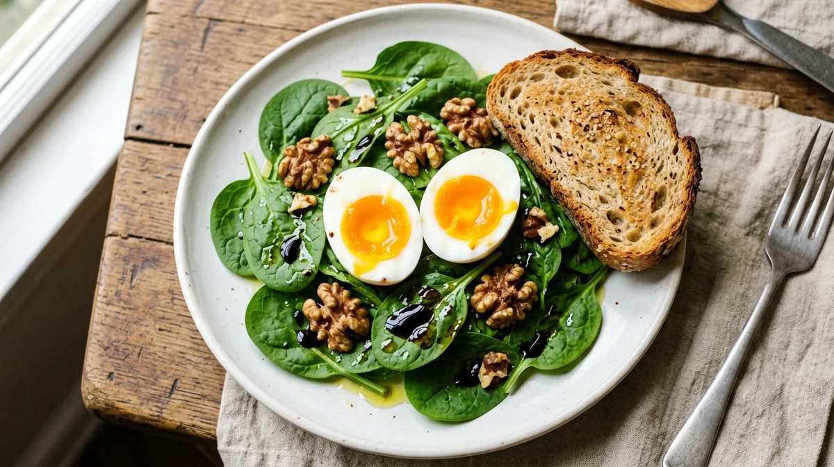 Uova barzotte con insalata di spinacini e noci