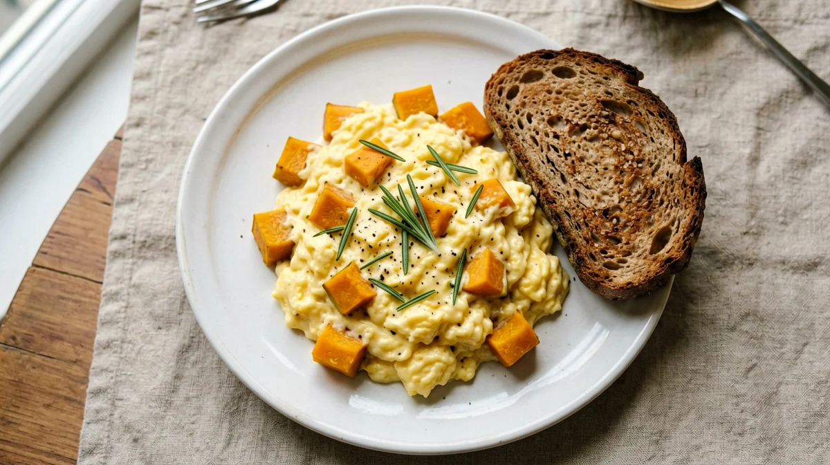 Scrambled eggs with pumpkin and rosemary