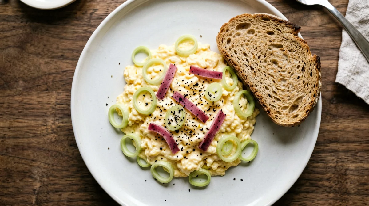 Scrambled eggs with leeks and speck
