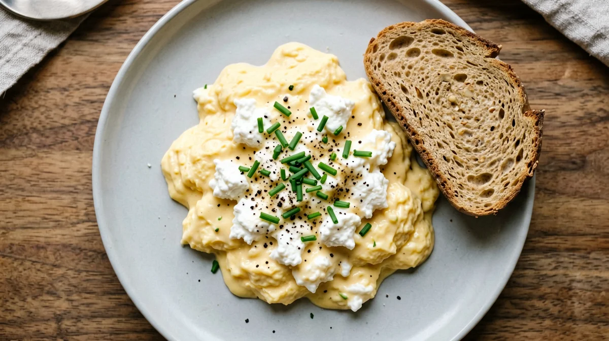 Cottage cheese scrambled eggs with chives