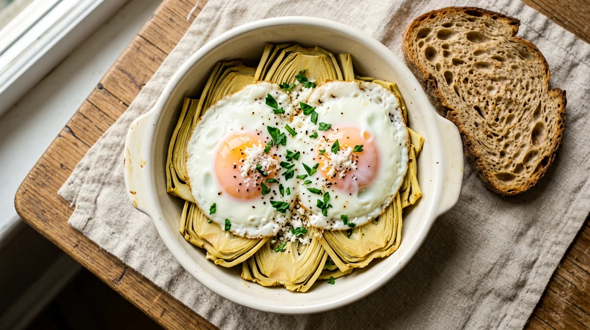 Uova al forno con carciofi e pecorino