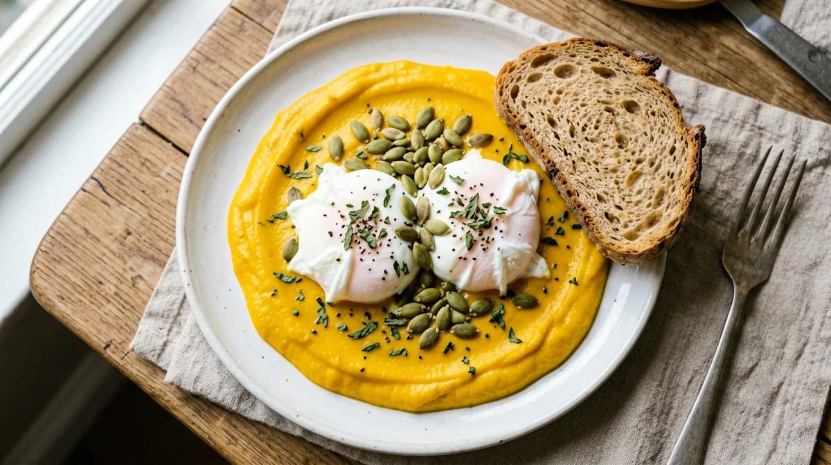 Uova in camicia con crema di zucca e semi