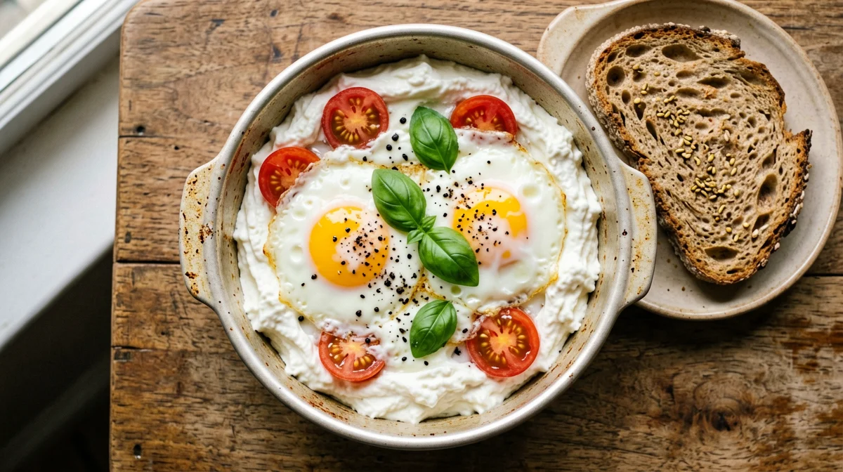 Baked eggs with ricotta, cherry tomatoes and basil