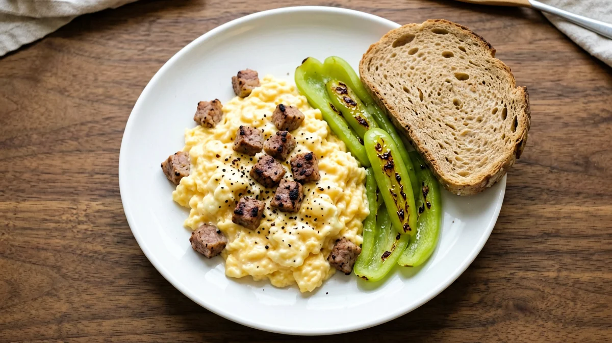 Scrambled eggs with sausage and friggitelli peppers