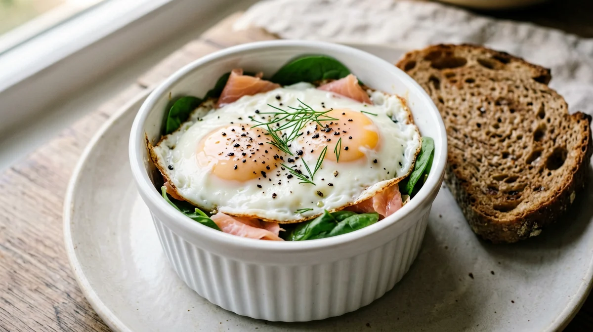 Uova in cocotte con salmone e spinacini