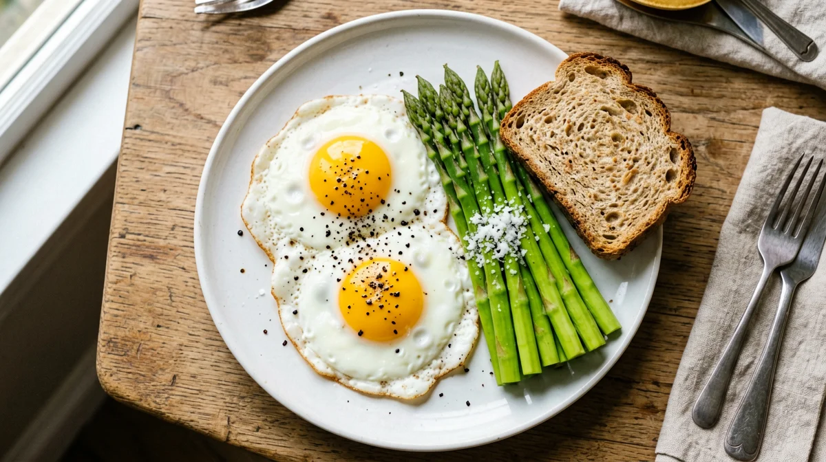 Uova al tegamino con asparagi e pane croccante