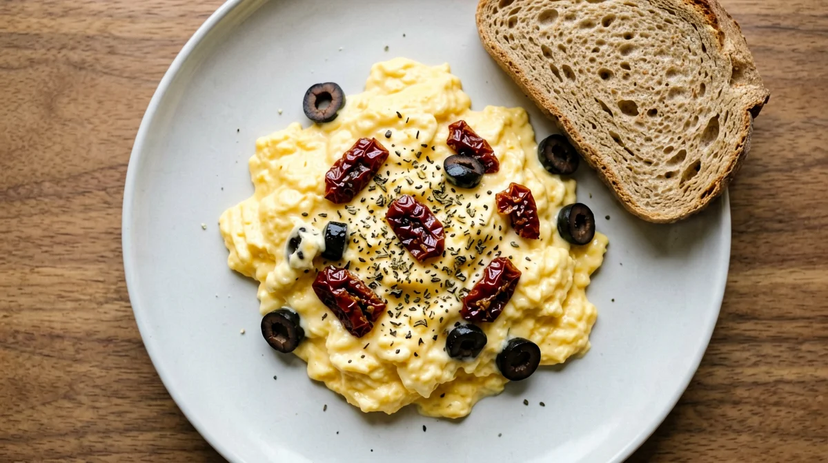 Uova strapazzate con pomodori secchi e olive