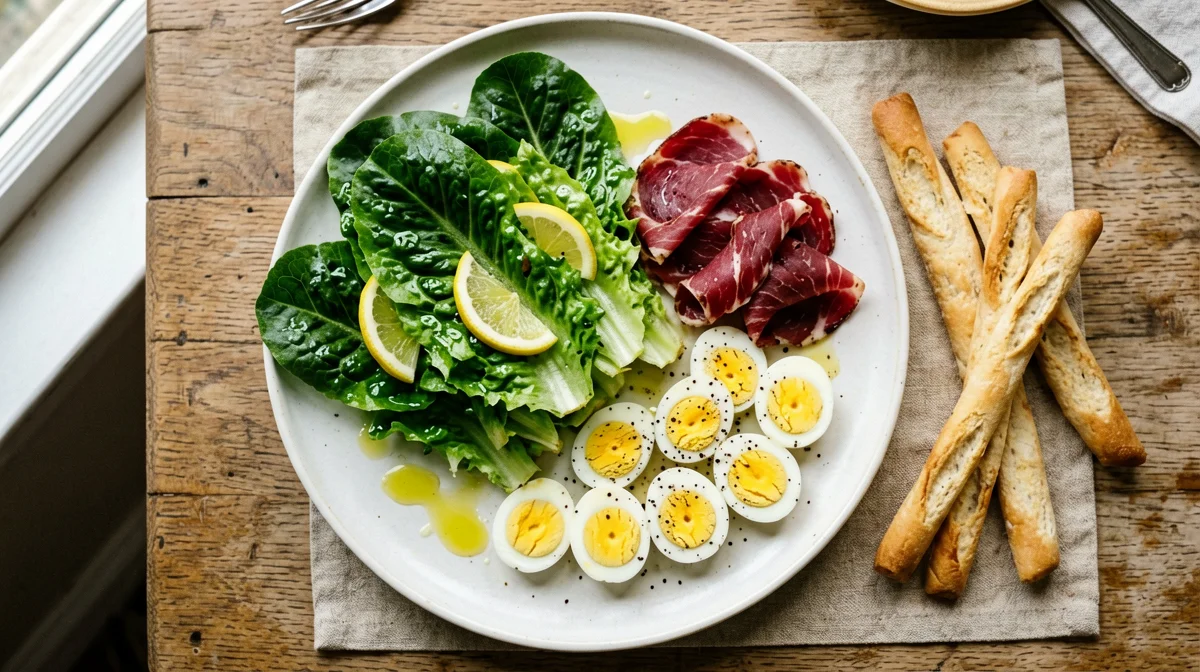 Uova di quaglia sode con insalatina e bresaola