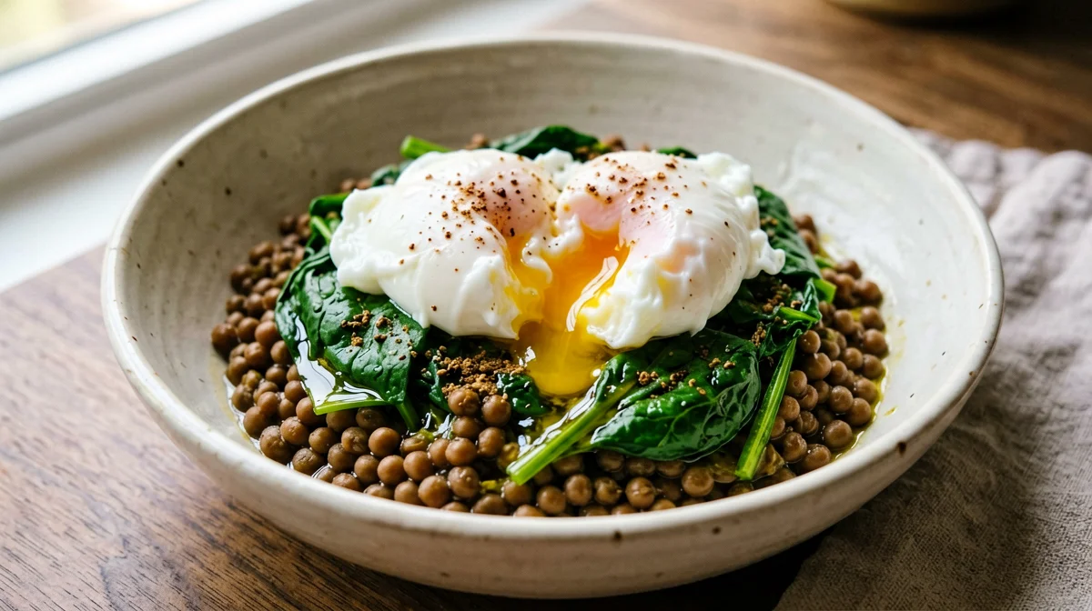 Poached eggs with lentils and spinach