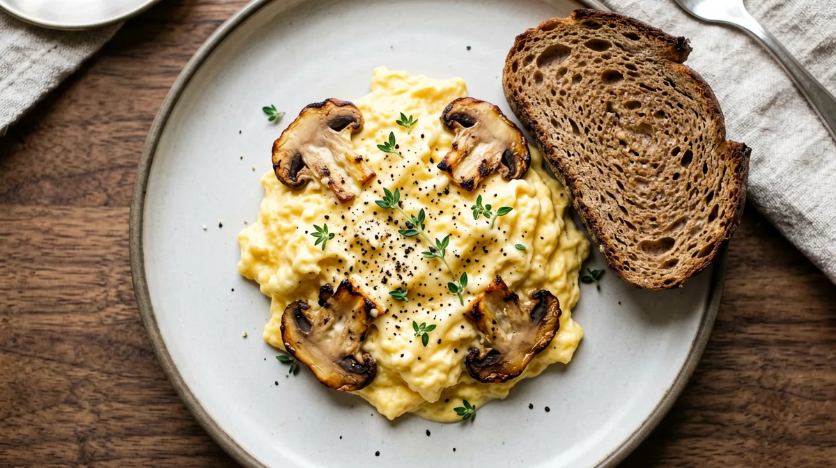 Uova strapazzate con funghi pleurotus e timo