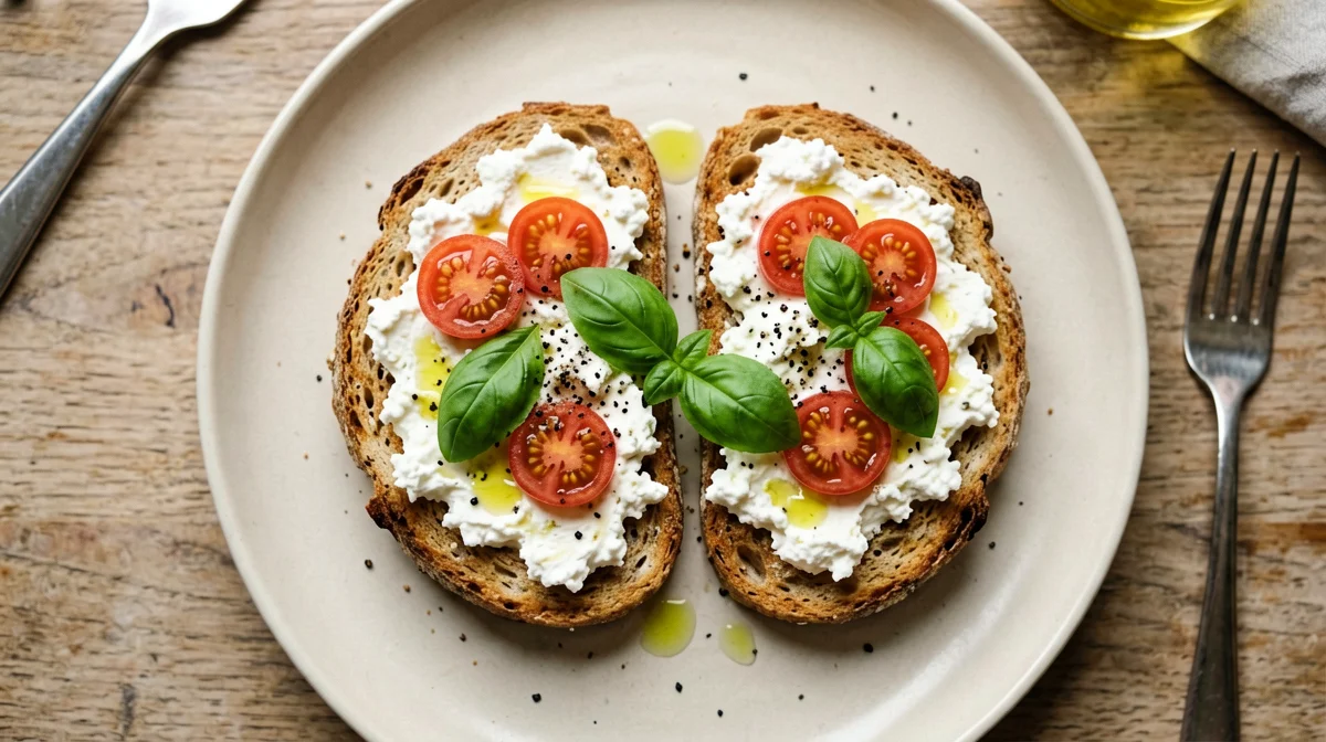 Wholegrain toast with cottage cheese, cherry tomatoes and basil