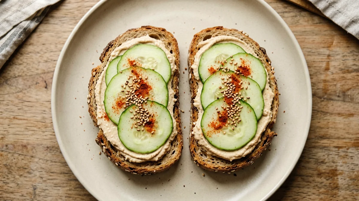 Toast di pane ai cereali con hummus, cetriolo e semi di sesamo