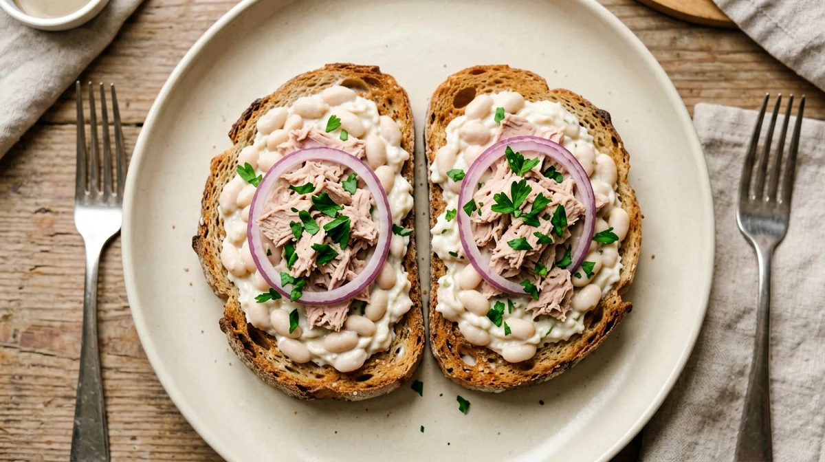 Toast integrale con tonno, cannellini e cipolla rossa