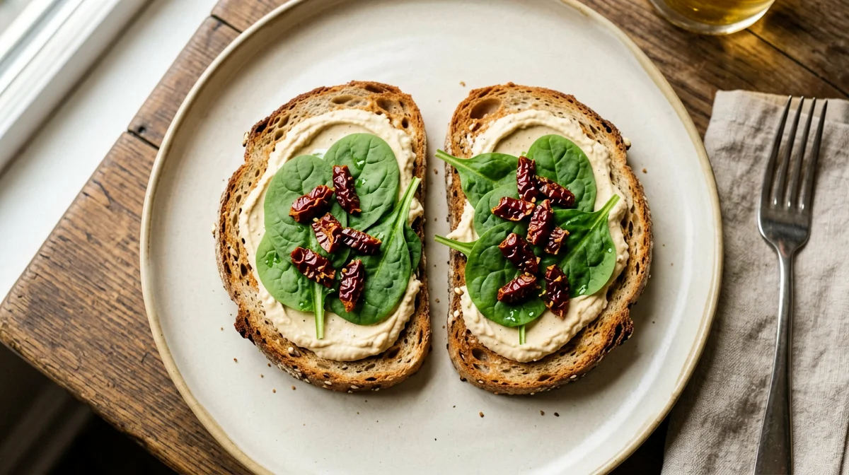 Toast con crema di ceci, spinacini e pomodori secchi