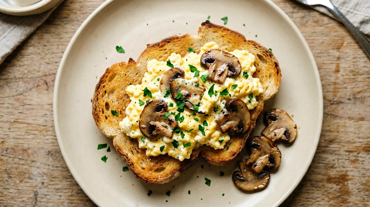 Bruschetta with scrambled eggs and mushrooms