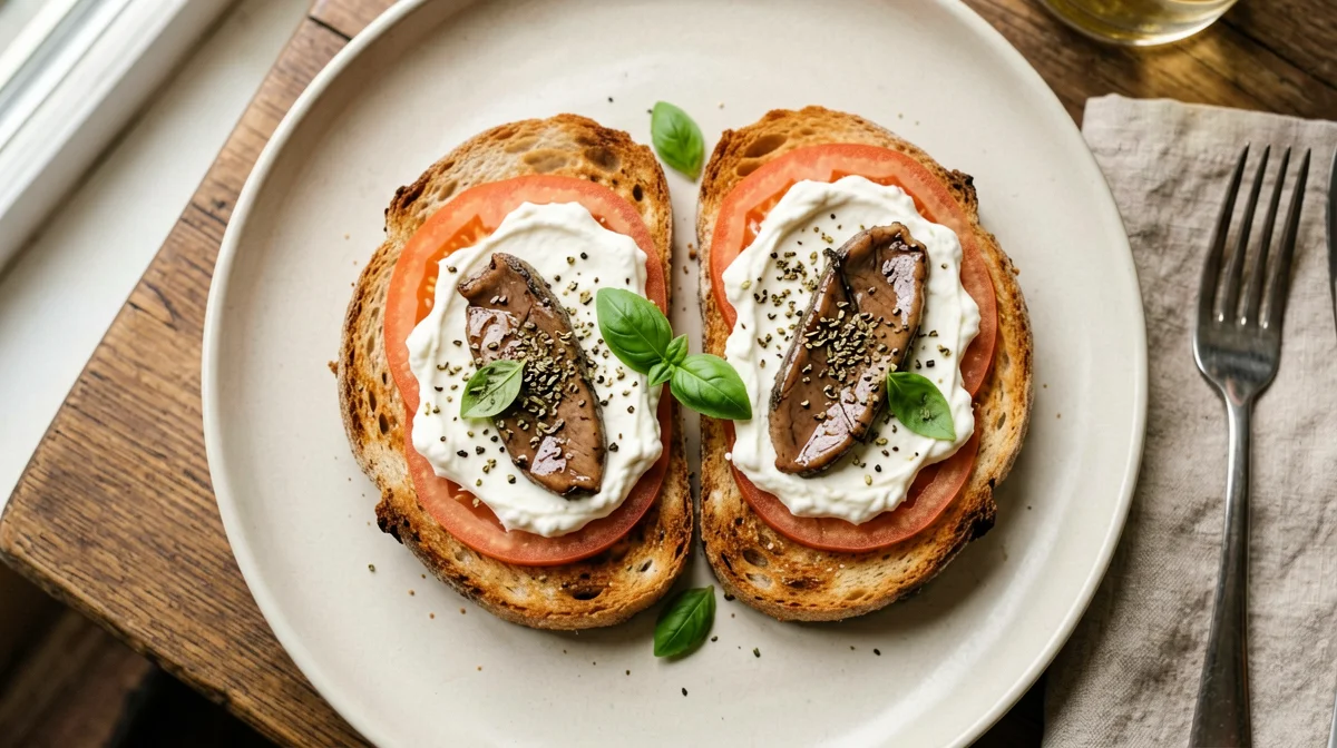 Toast with stracciatella, tomatoes and anchovies