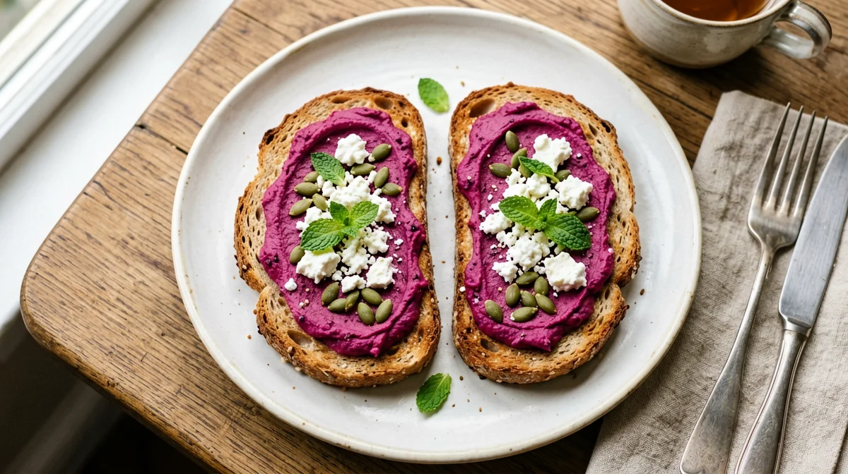 Wholegrain toast with beetroot hummus and feta
