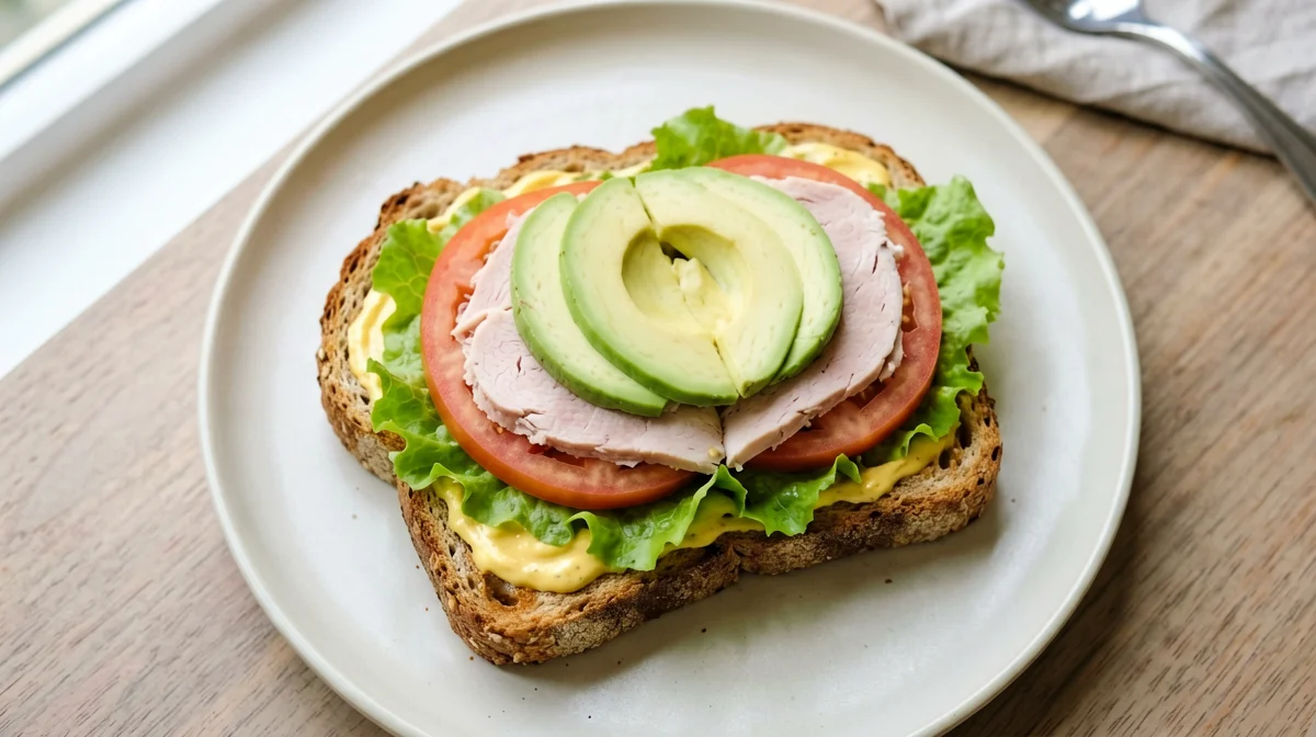 Open toast with turkey, avocado and mustard