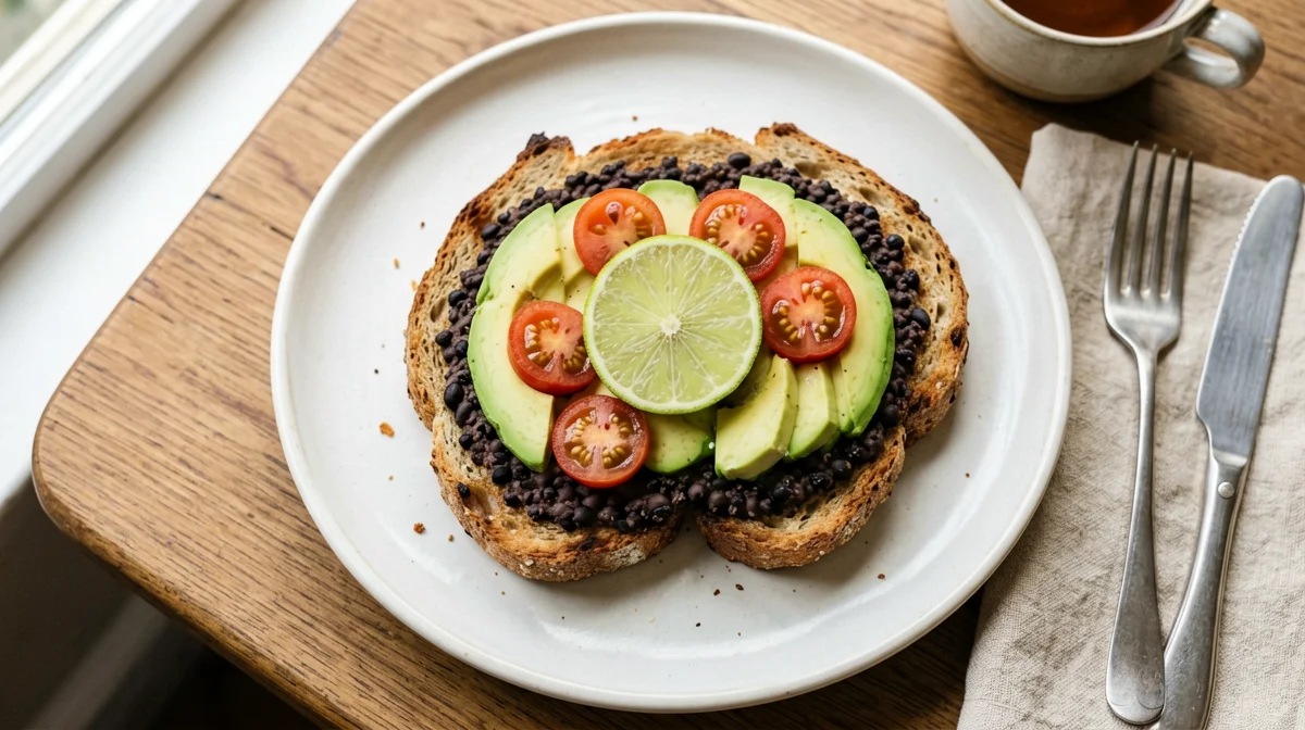 Vegan toast with black bean cream and avocado