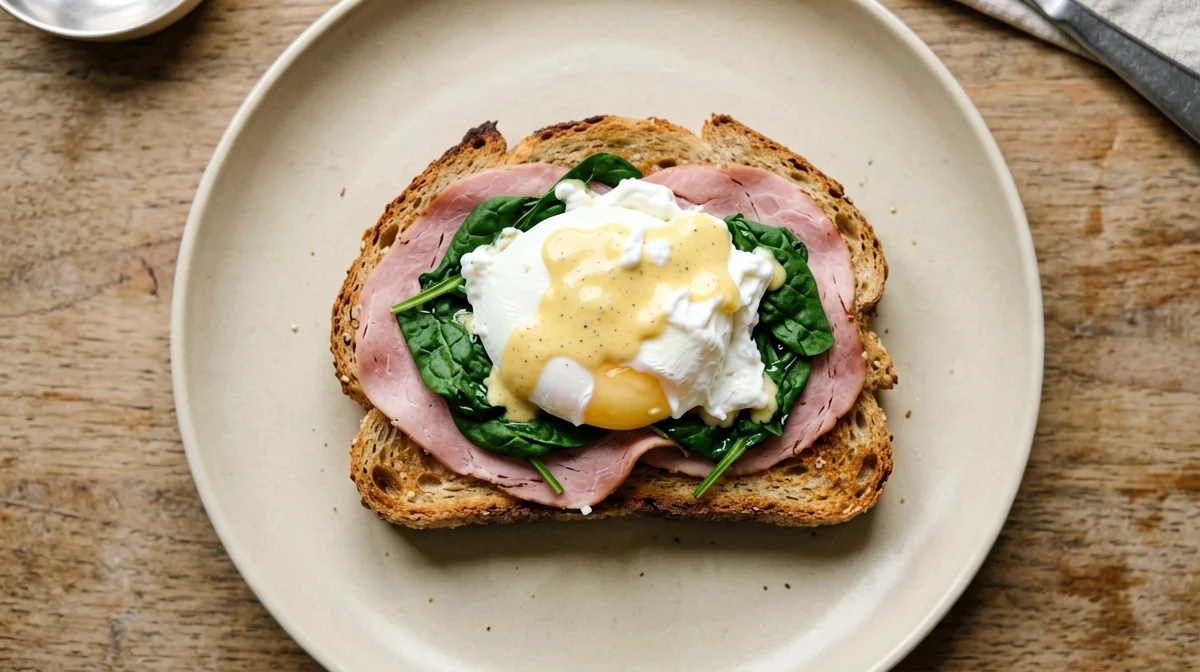 Toast con uovo in camicia, prosciutto cotto e spinaci