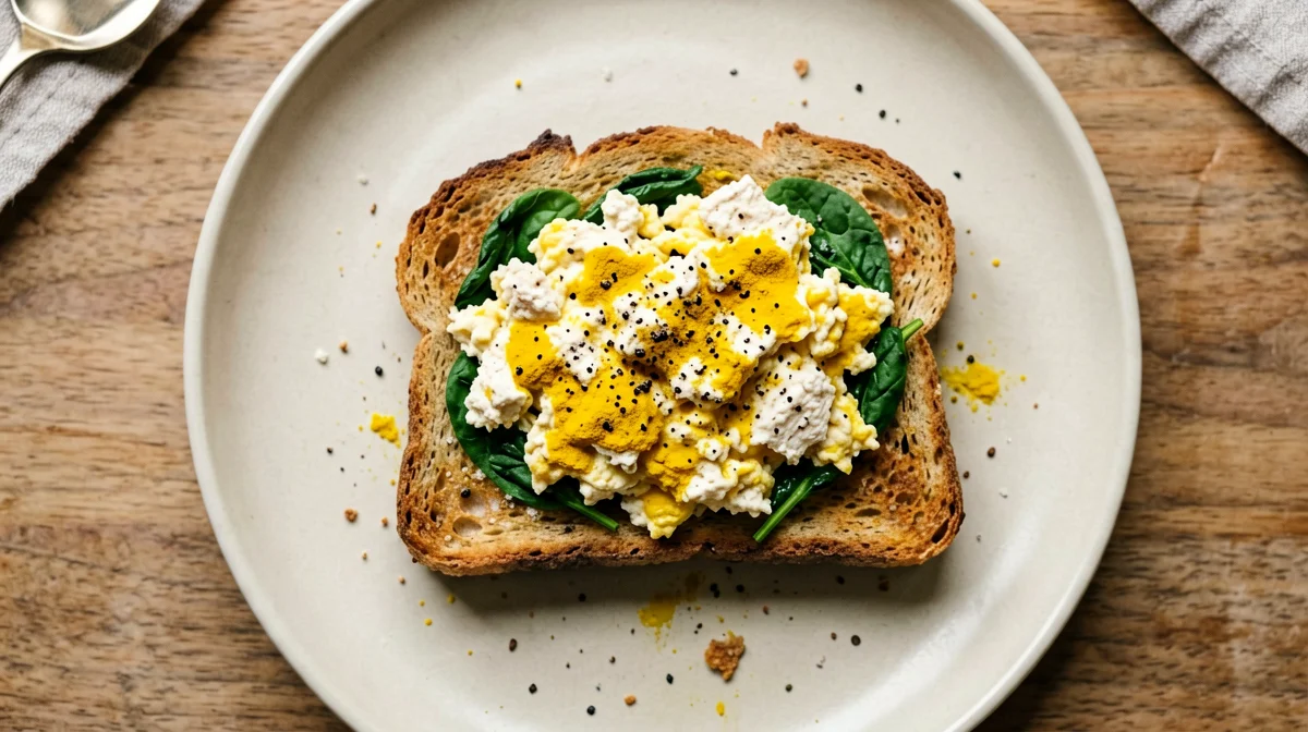 Toast integrale con tofu strapazzato e spinaci