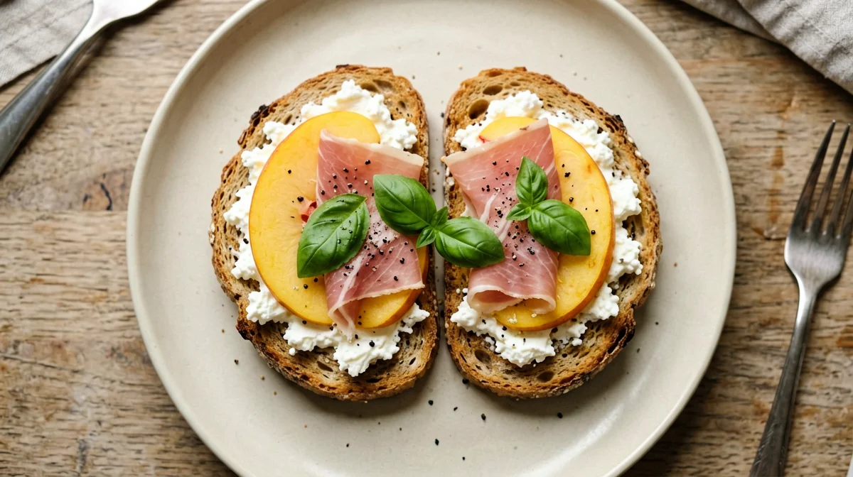 Toast with cottage cheese, peaches and prosciutto