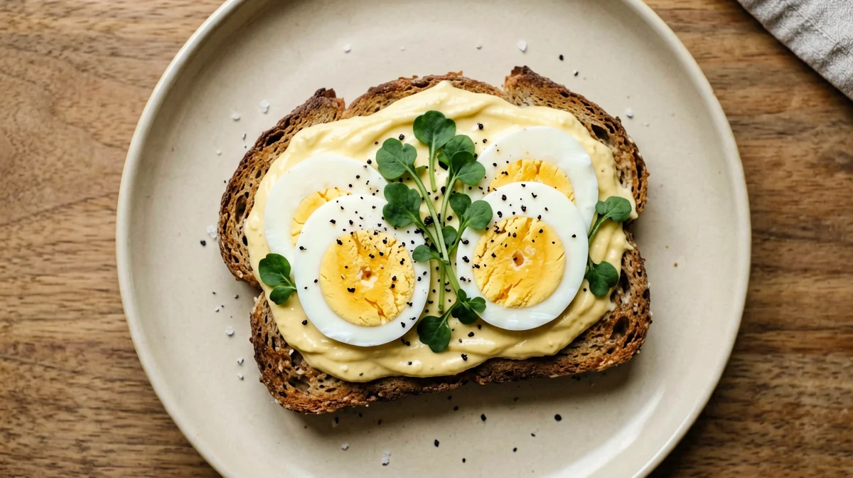 Rye toast with boiled eggs and watercress