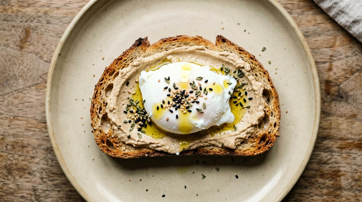 Toast with hummus, poached egg and sesame-thyme topping