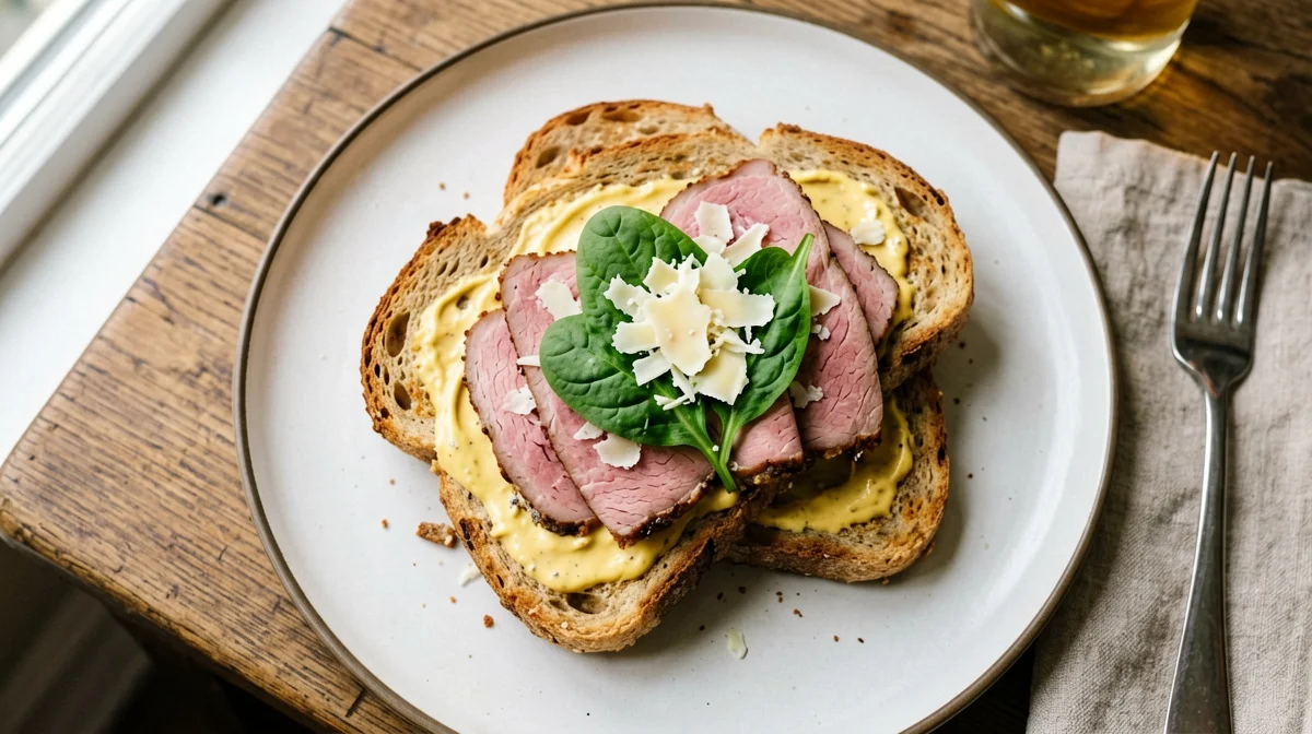 Toast with roast beef, rocket and mustard