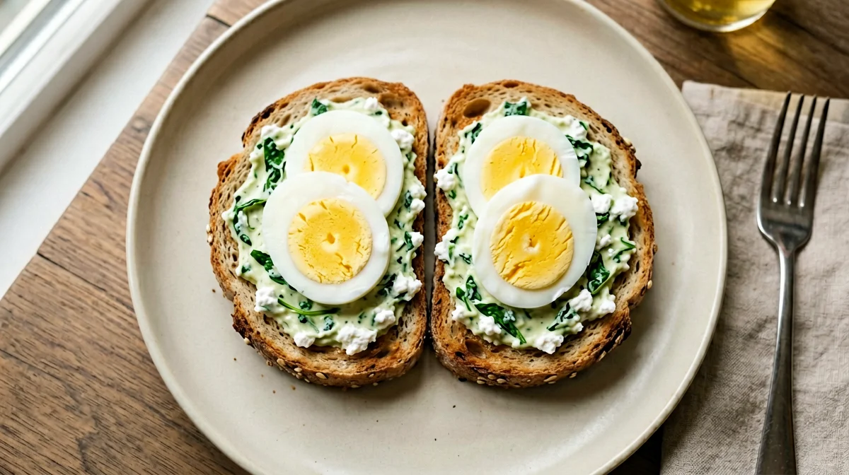 Toast con crema di ricotta, spinaci e uovo sodo