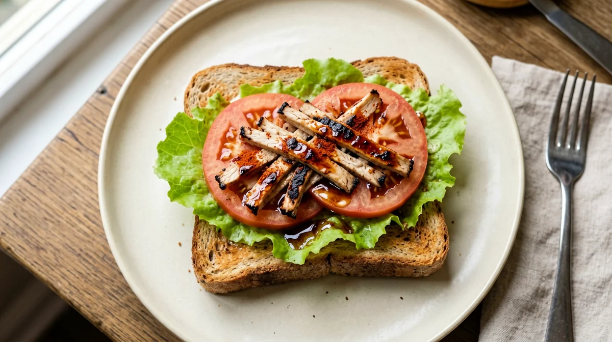 Vegan tempeh, tomato and lettuce toast