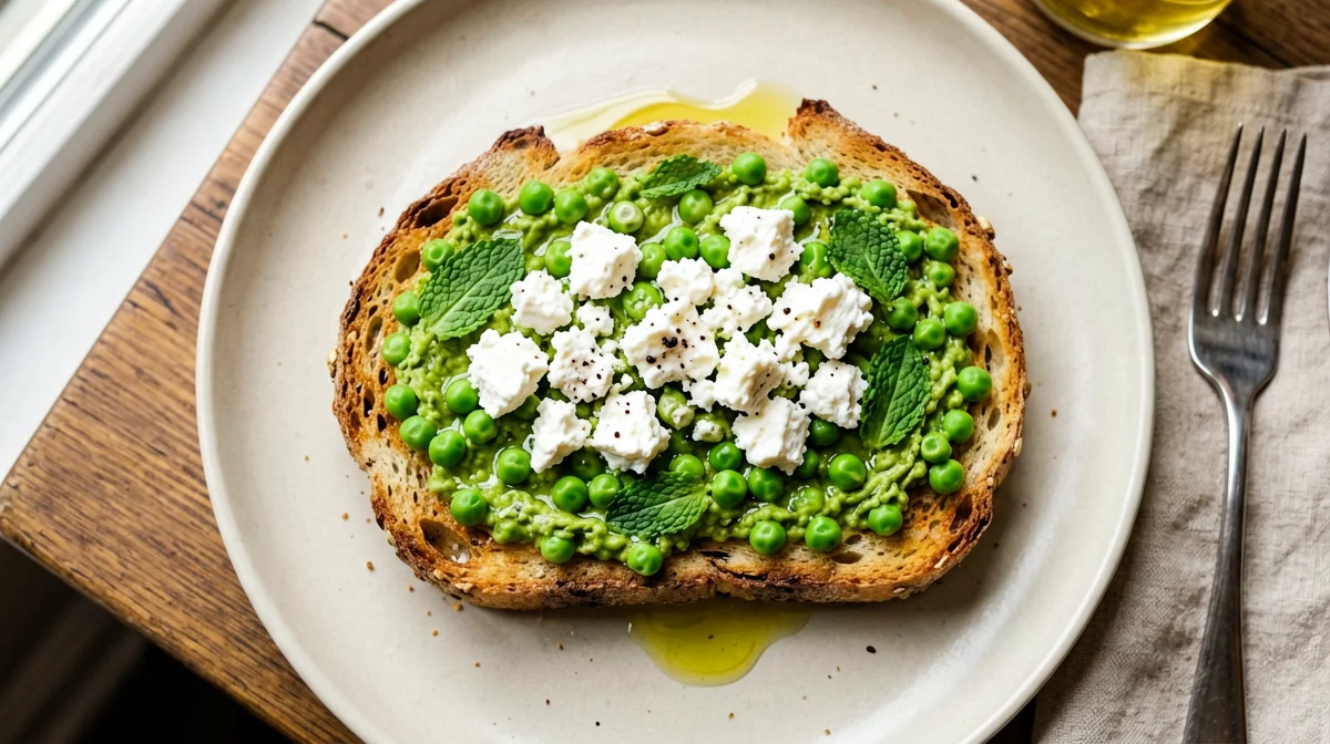 Toast con crema di piselli, menta e feta