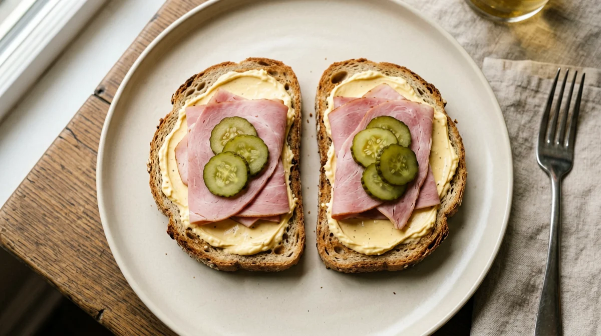 Toast integrale con prosciutto cotto, cetriolini e senape